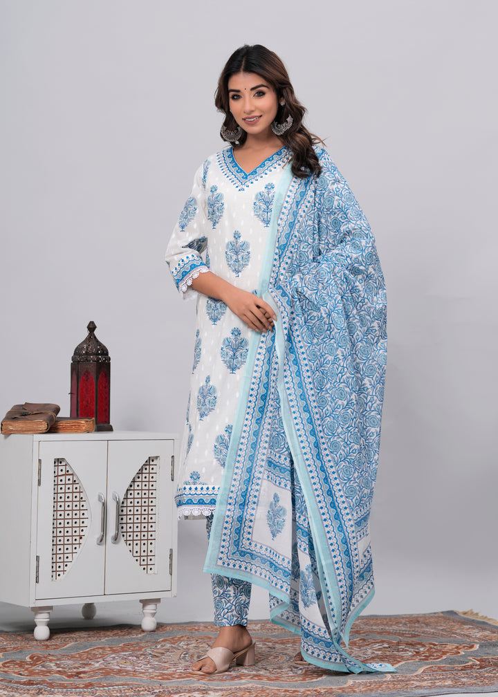 Blue Mughal Cotton Suit Set