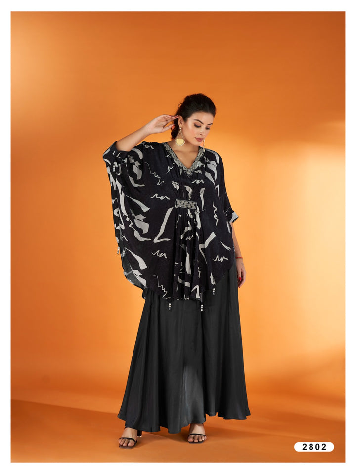 Black Floral Crepe Kaftan Sharara Set