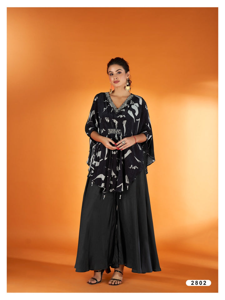 Black Floral Crepe Kaftan Sharara Set