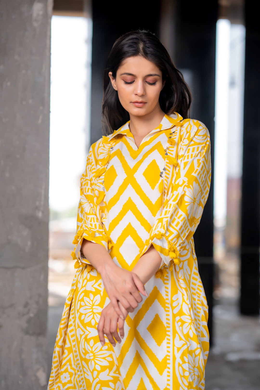 Yellow & White Abstract Pattern Coord Set