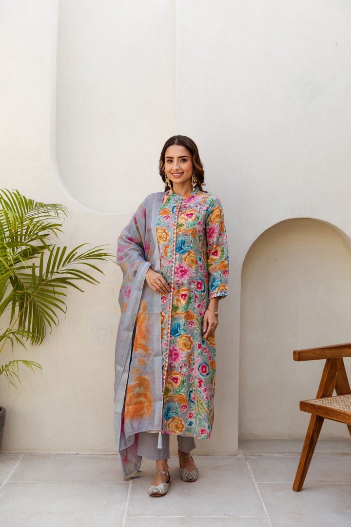 Grey Floral Printed Linen Suit Set