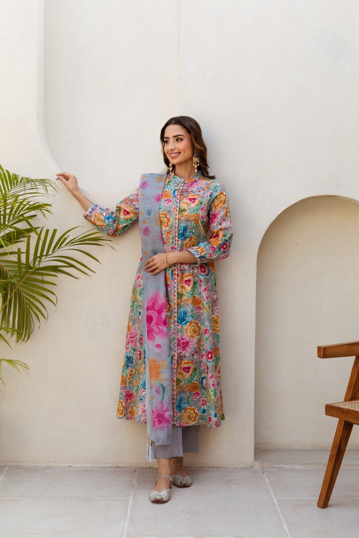 Grey Floral Printed Linen Suit Set