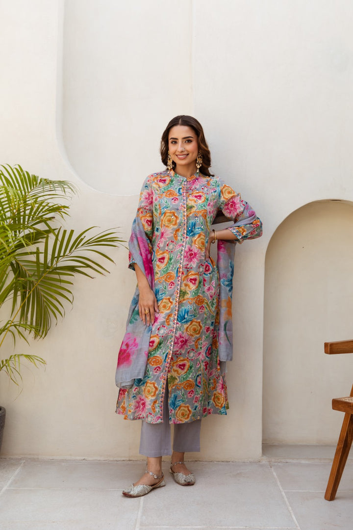 Grey Floral Printed Linen Suit Set