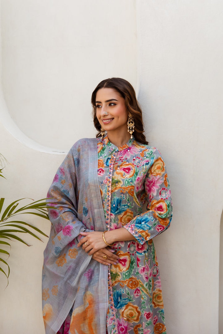 Grey Floral Printed Linen Suit Set