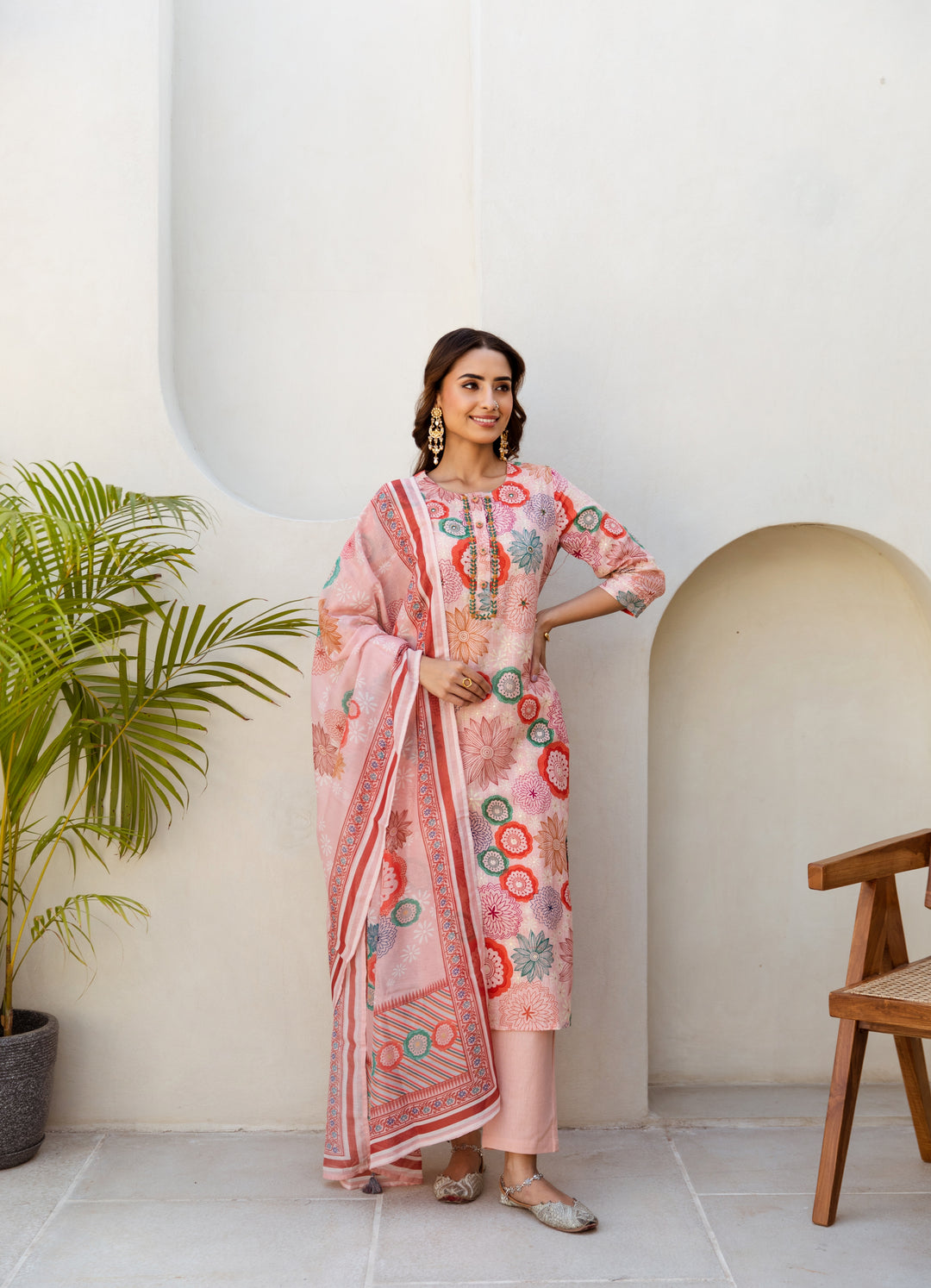 Pink Multi color Linen Suit Set