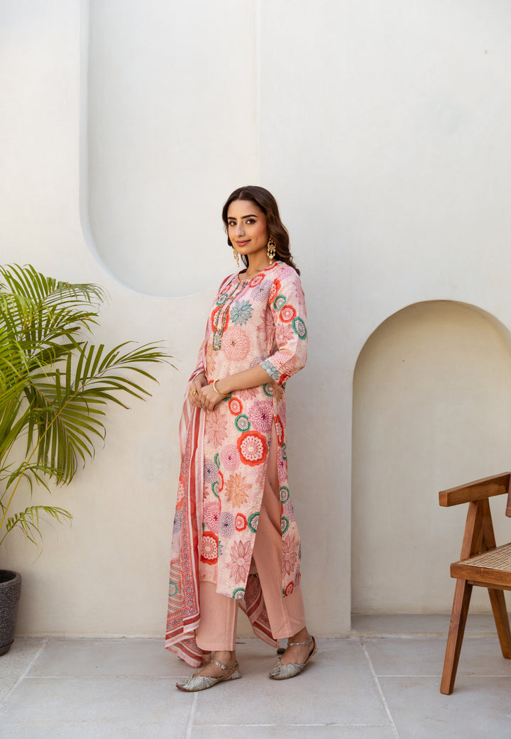 Pink Multi color Linen Suit Set