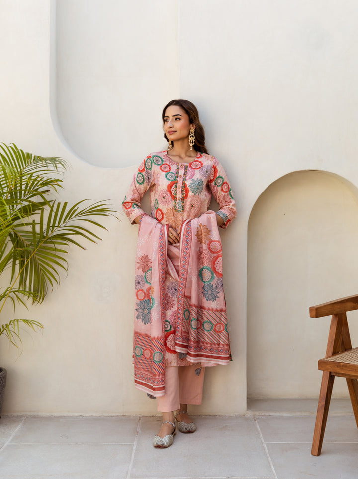 Pink Multi color Linen Suit Set