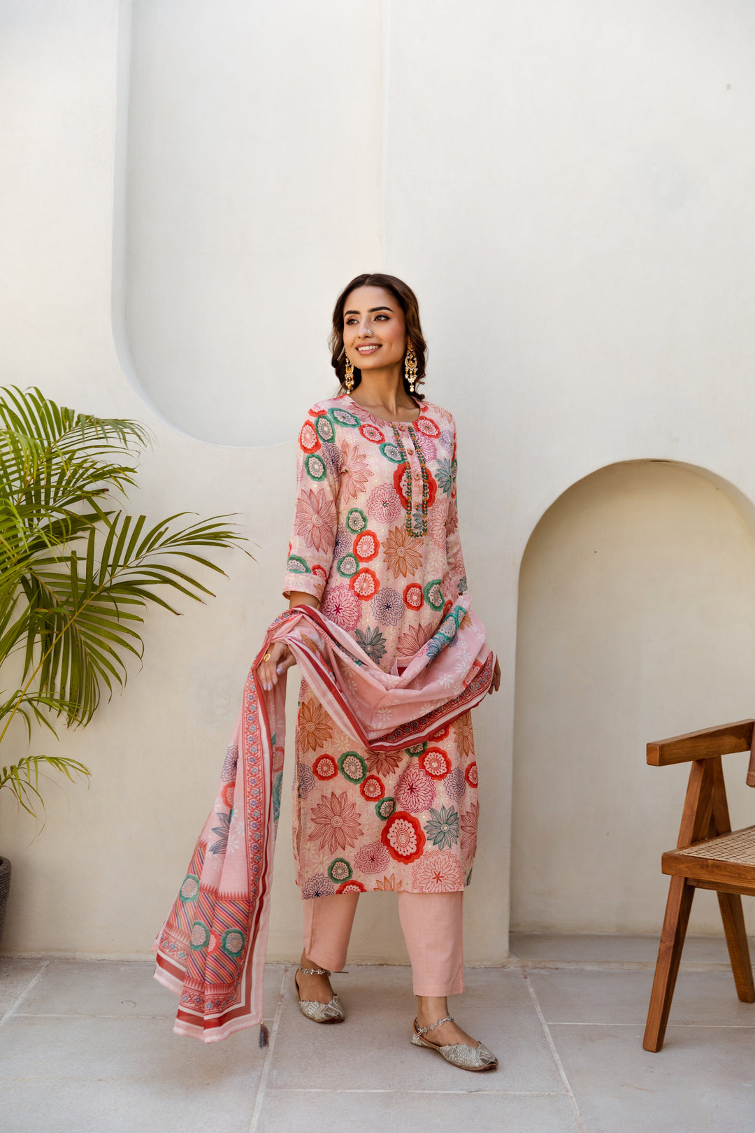 Pink Multi color Linen Suit Set