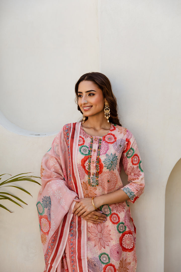 Pink Multi color Linen Suit Set