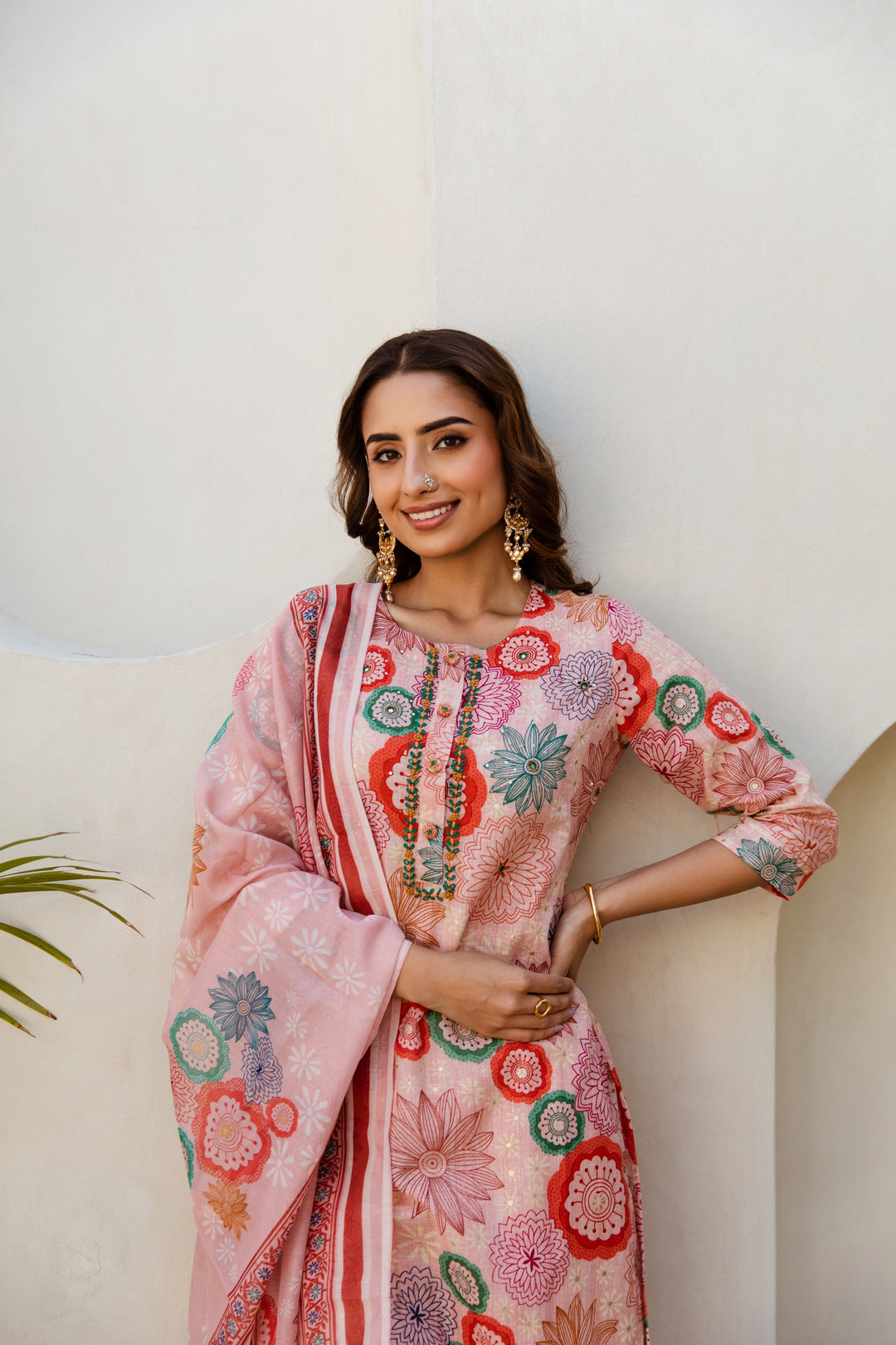 Pink Multi color Linen Suit Set