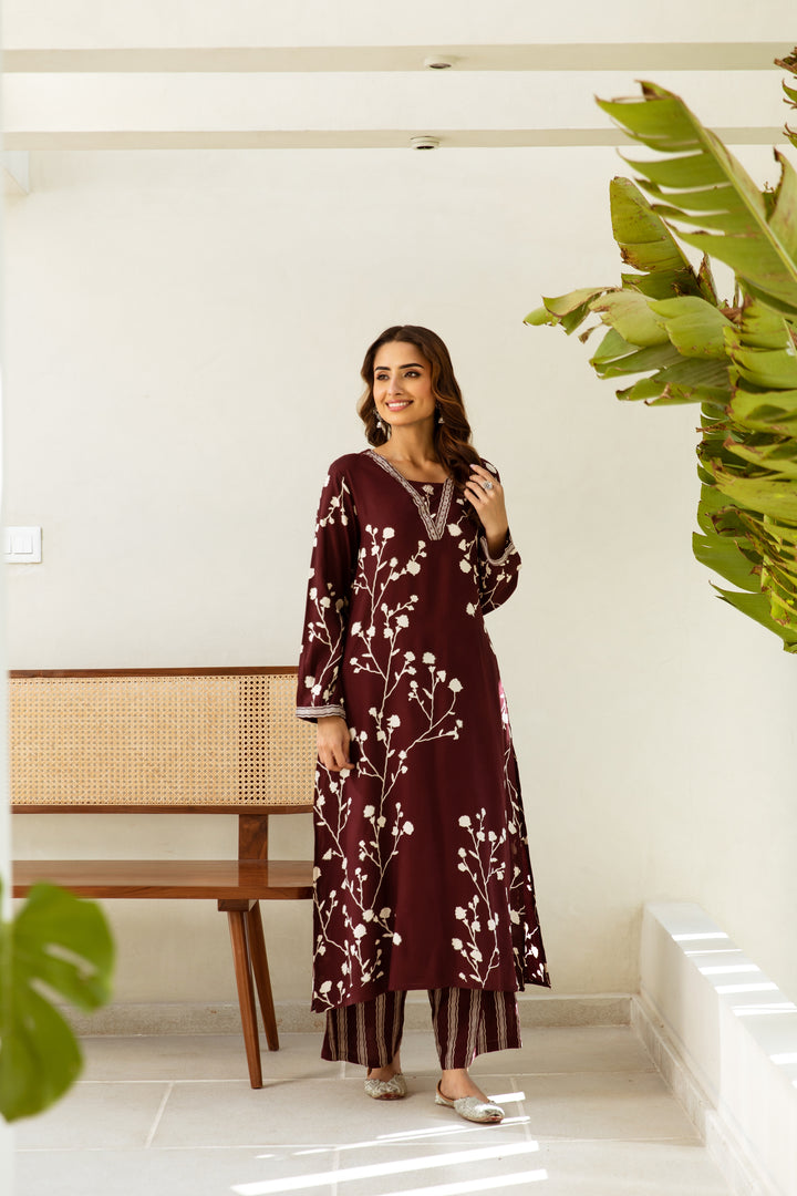 Maroon Blossom Kurta Set