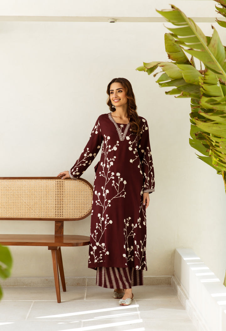 Maroon Blossom Kurta Set