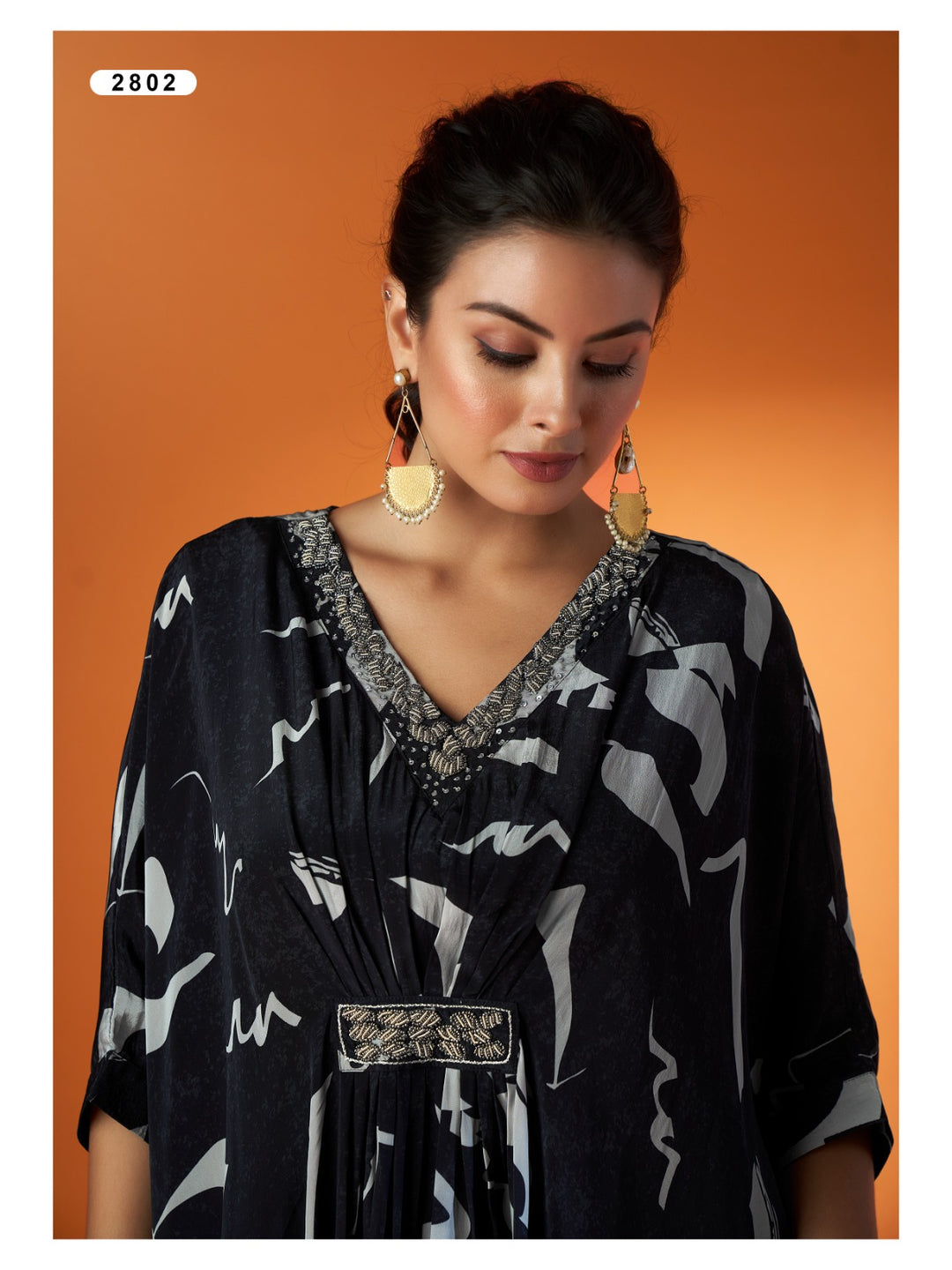 Black Floral Crepe Kaftan Sharara Set