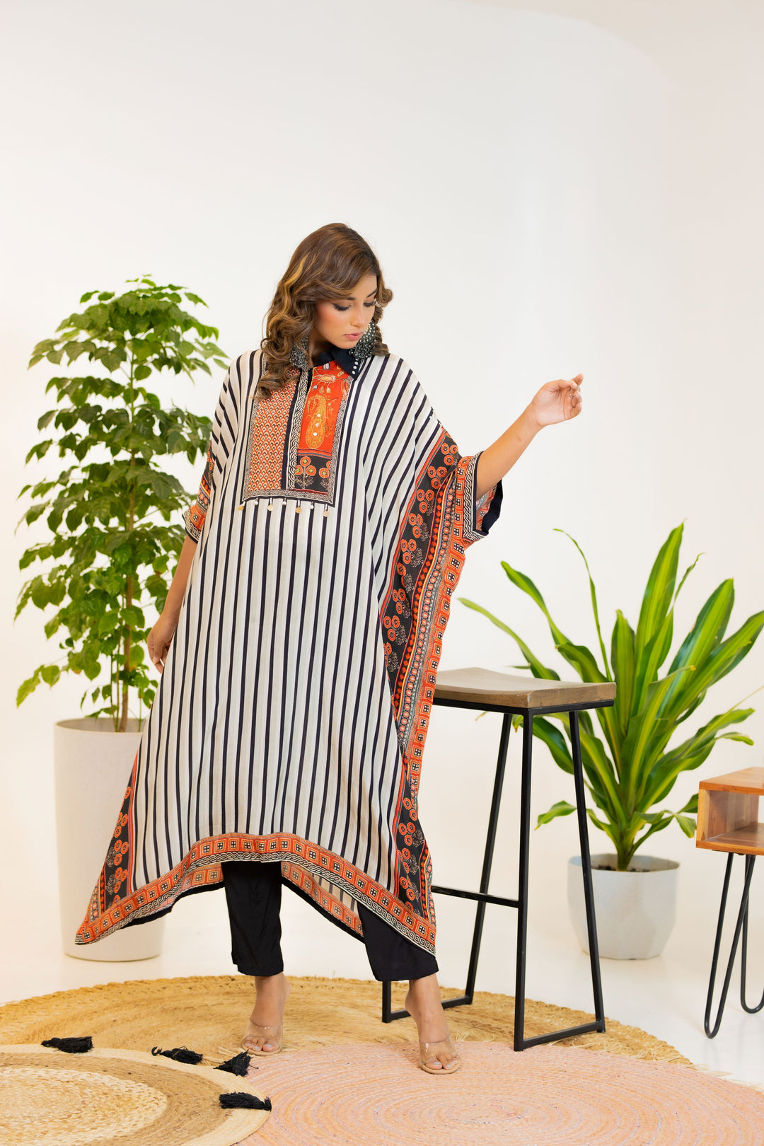 Classic Black & White Striped Kaftan set