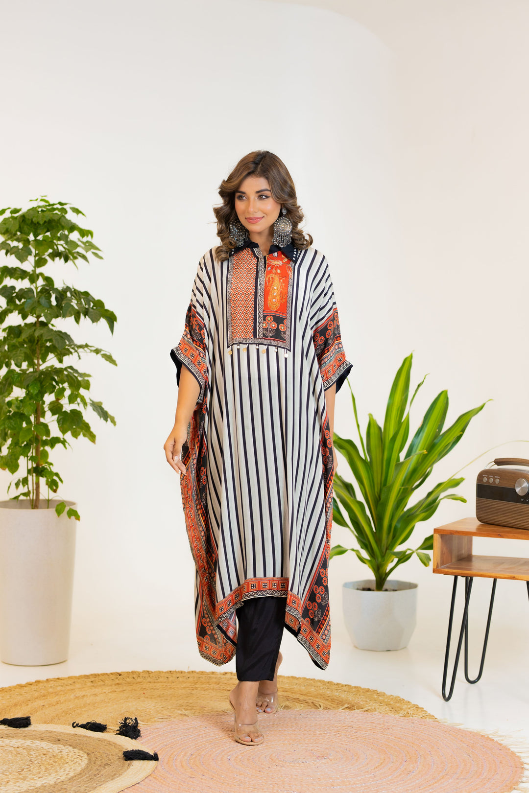 Classic Black & White Striped Kaftan set