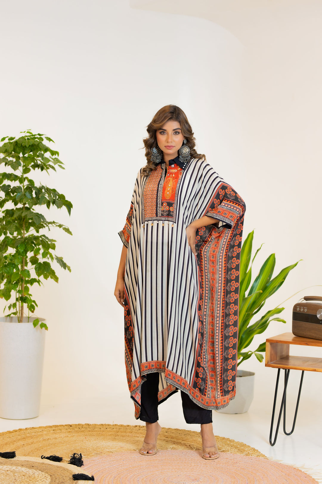 Classic Black & White Striped Kaftan set