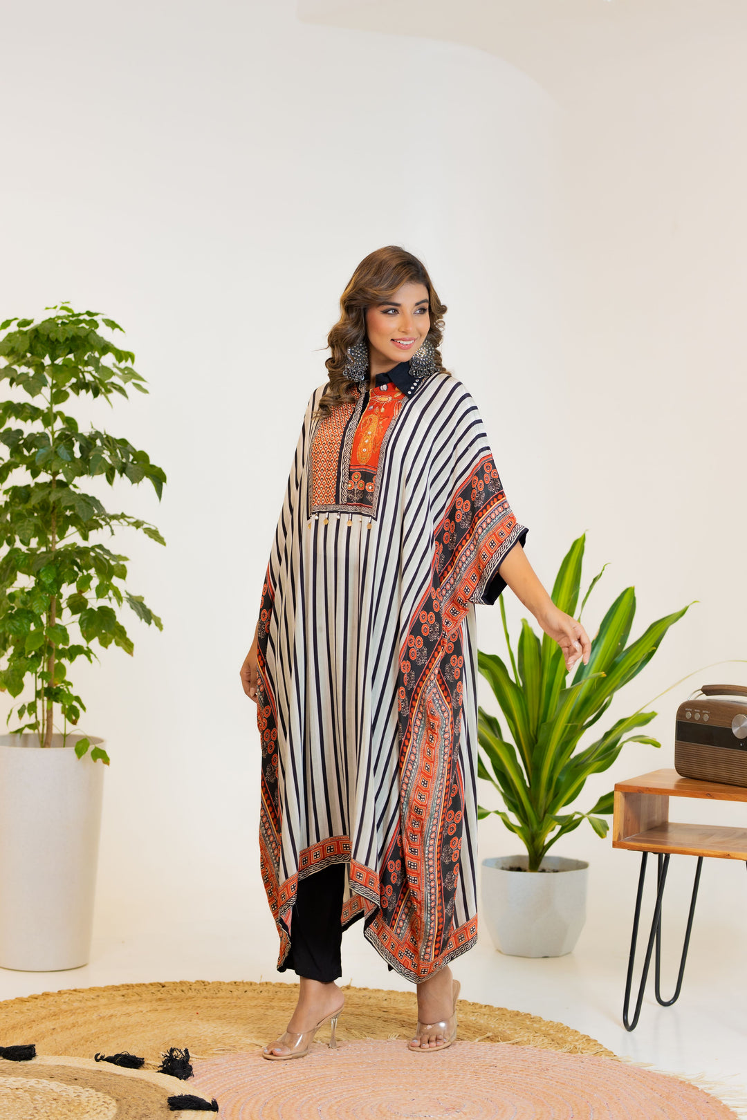 Classic Black & White Striped Kaftan set