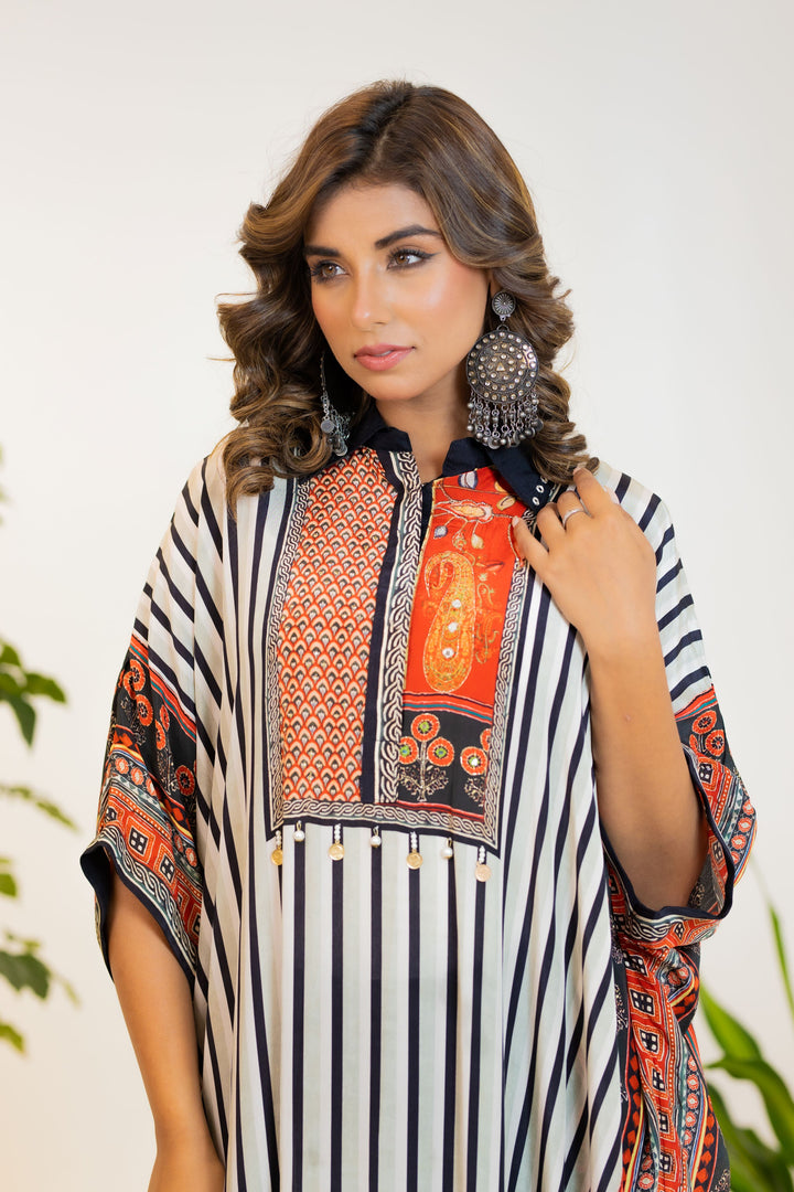 Classic Black & White Striped Kaftan set