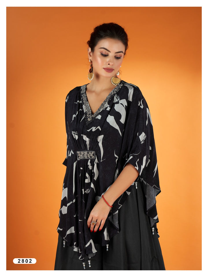 Black Floral Crepe Kaftan Sharara Set