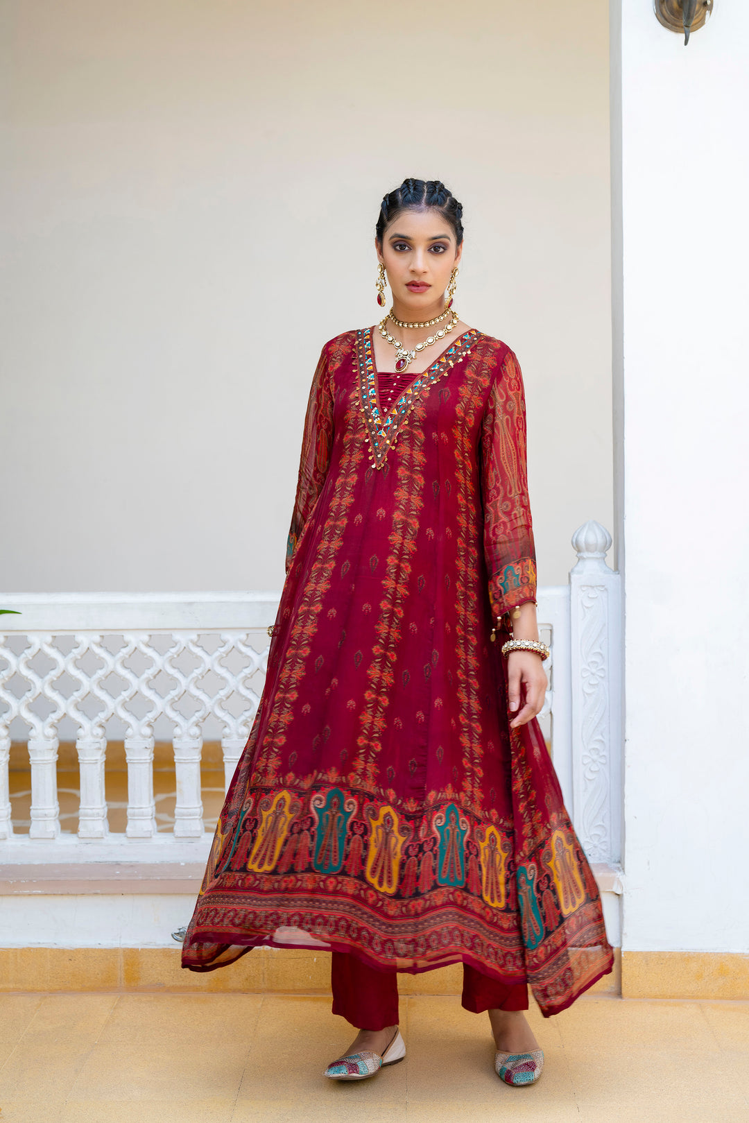 Regal Maroon Folk Motif Anarkali Set