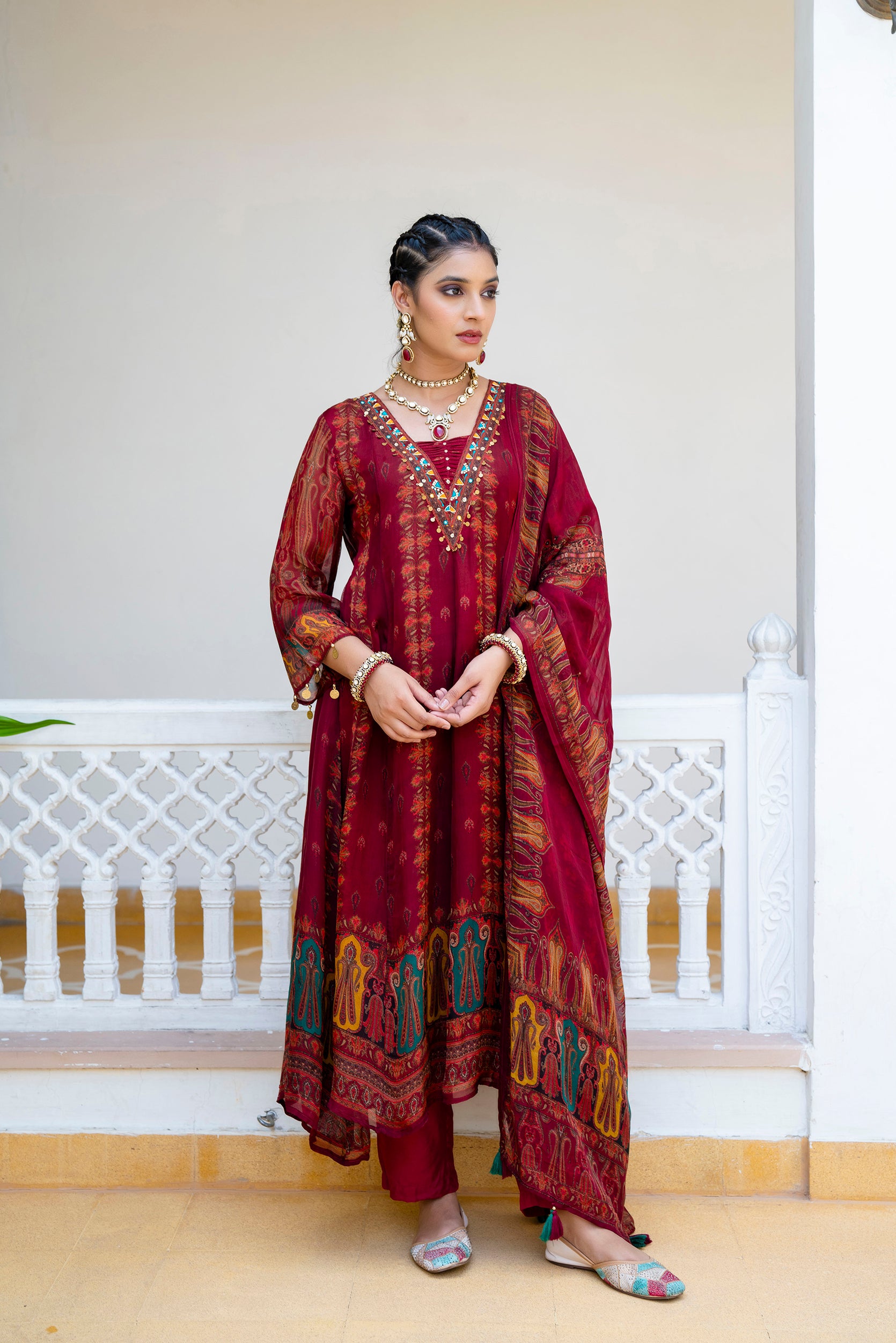 Regal Maroon Folk Motif Anarkali Set