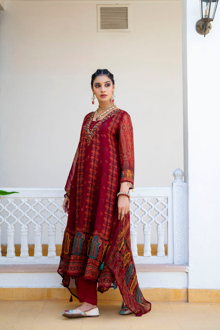 Regal Maroon Folk Motif Anarkali Set