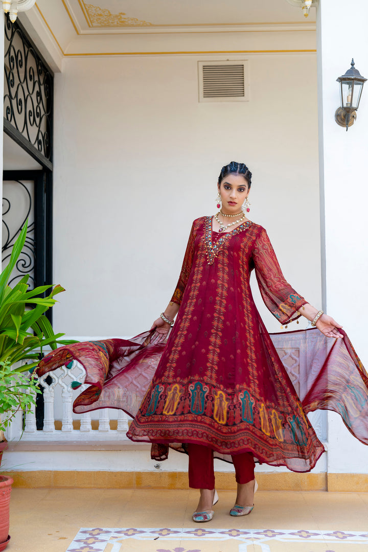 Regal Maroon Folk Motif Anarkali Set