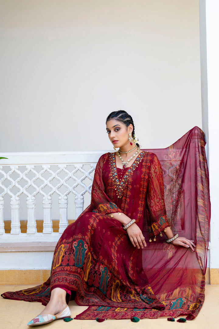 Regal Maroon Folk Motif Anarkali Set