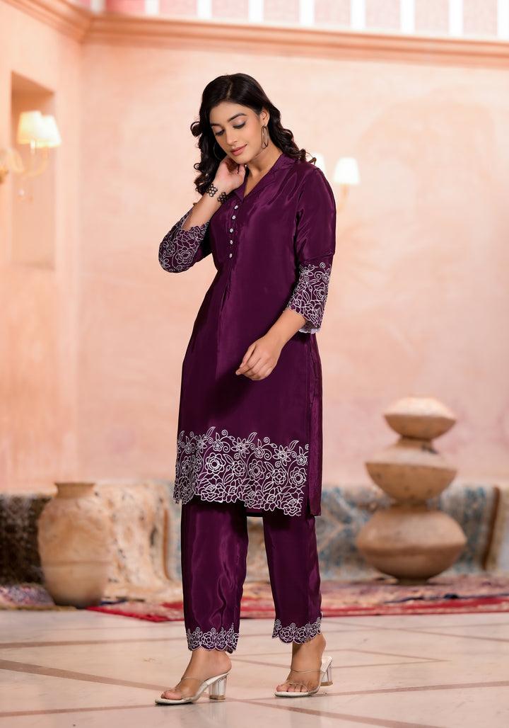 Deep Plum Embroidered Crepe Coord set