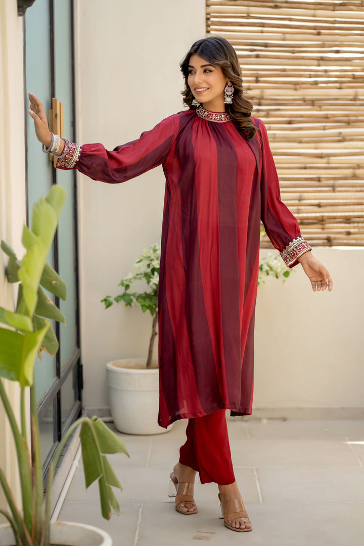 Elegant Maroon Stripes Kurta Set