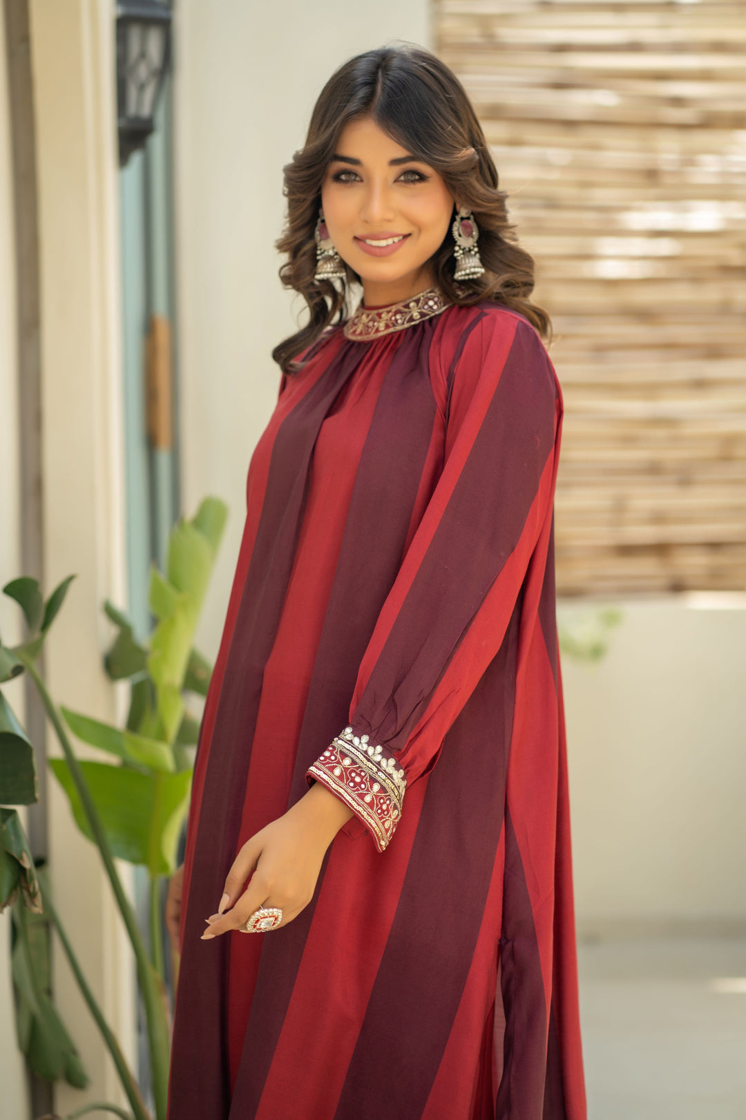 Elegant Maroon Stripes Kurta Set