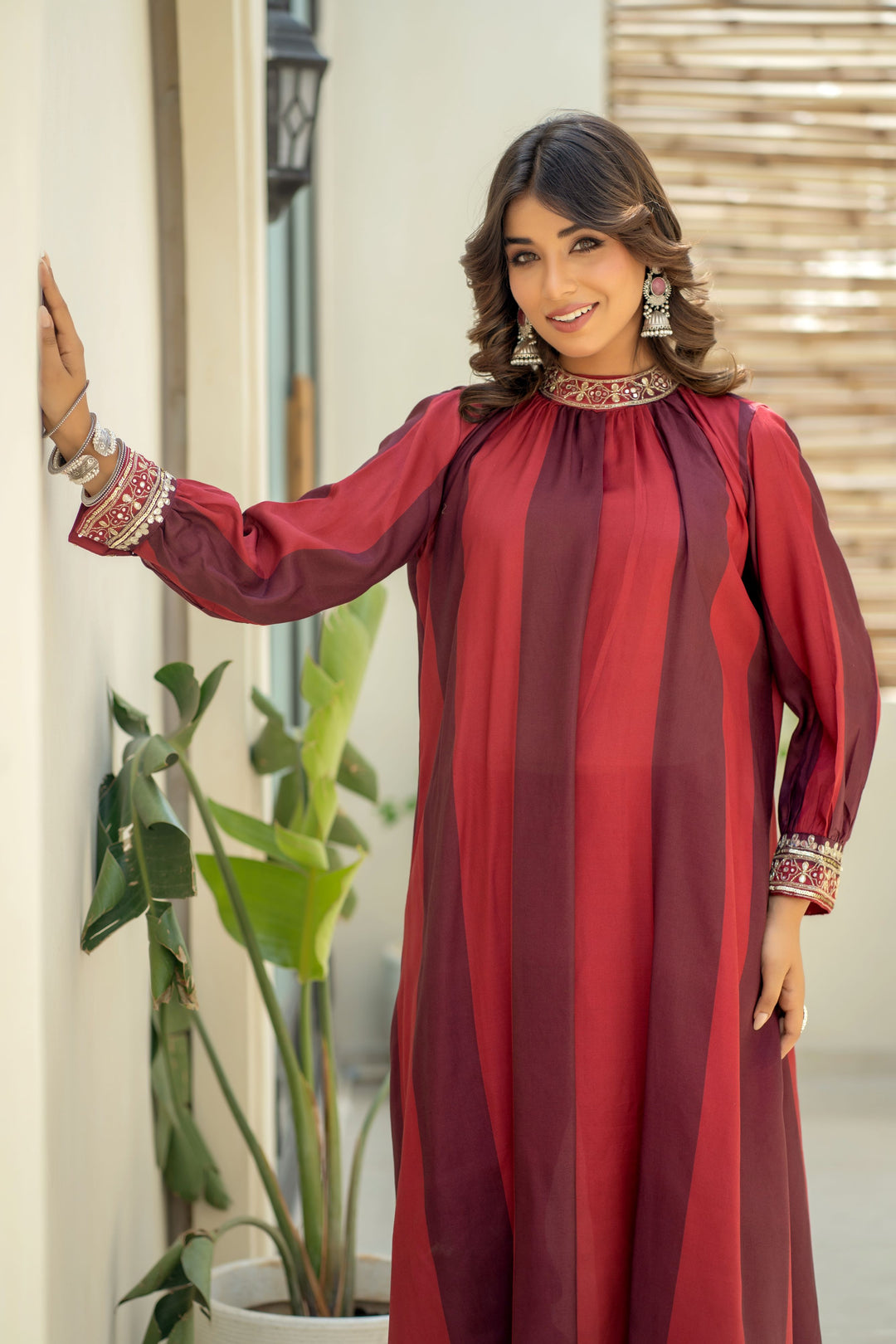 Elegant Maroon Stripes Kurta Set