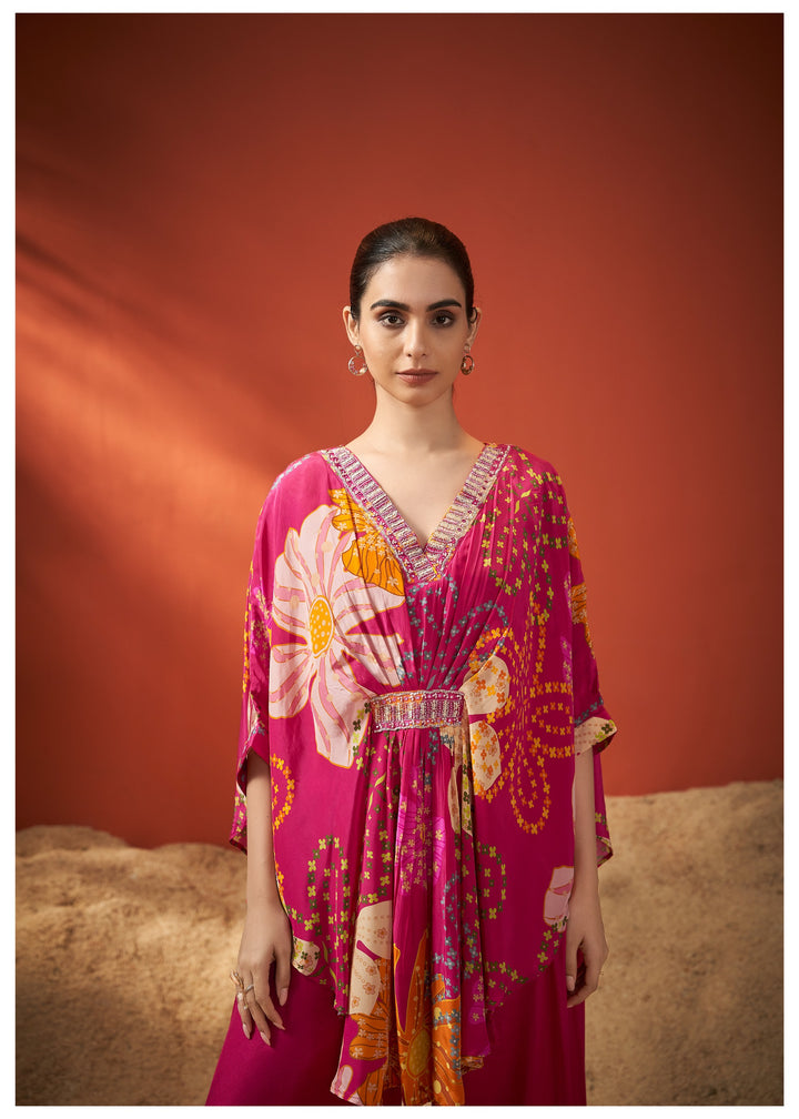 Pink Floral Crepe Kaftan Set