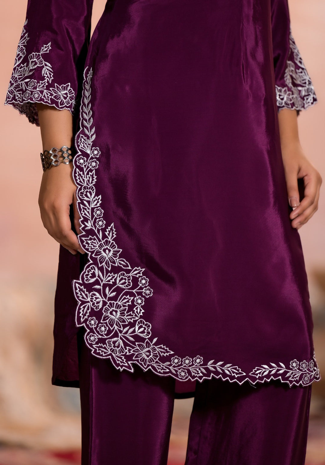 Deep Plum Embroidered Crepe Coord set