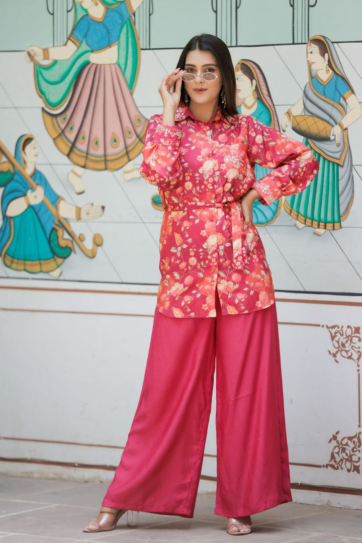 Pink Floral Jaal Muslin Coord Set