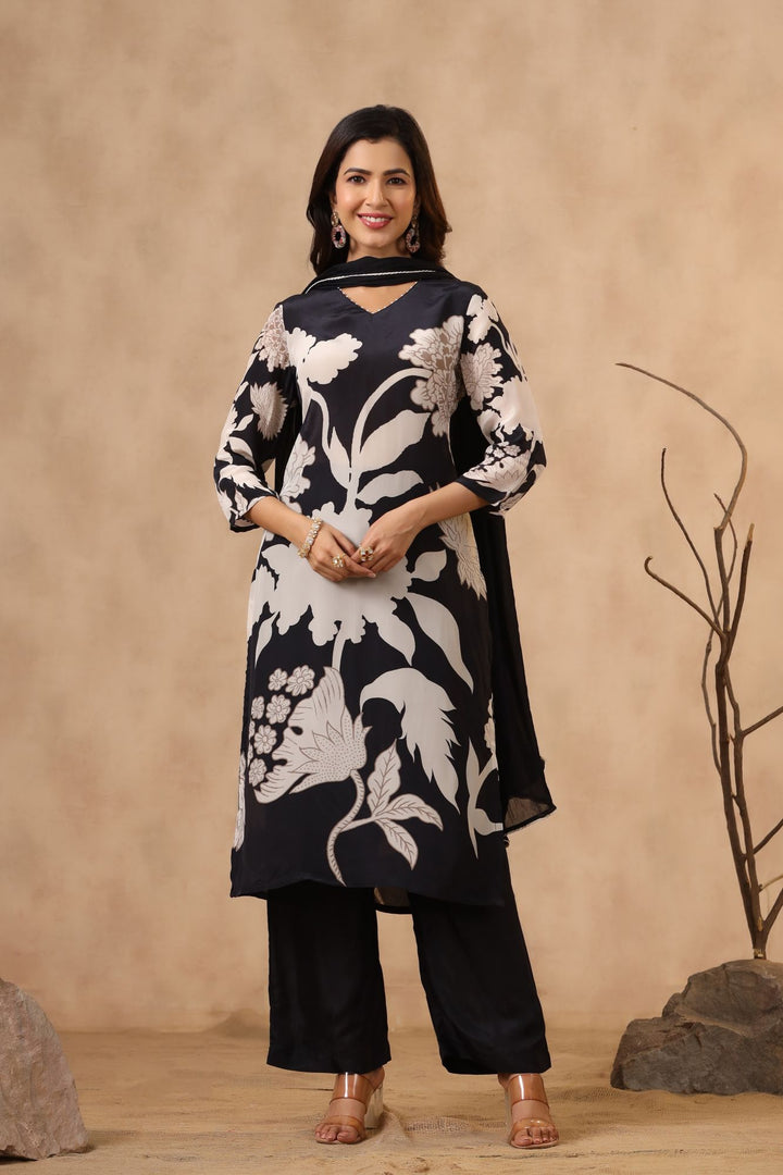 Black Floral Printed Moorish Silk Suit Set