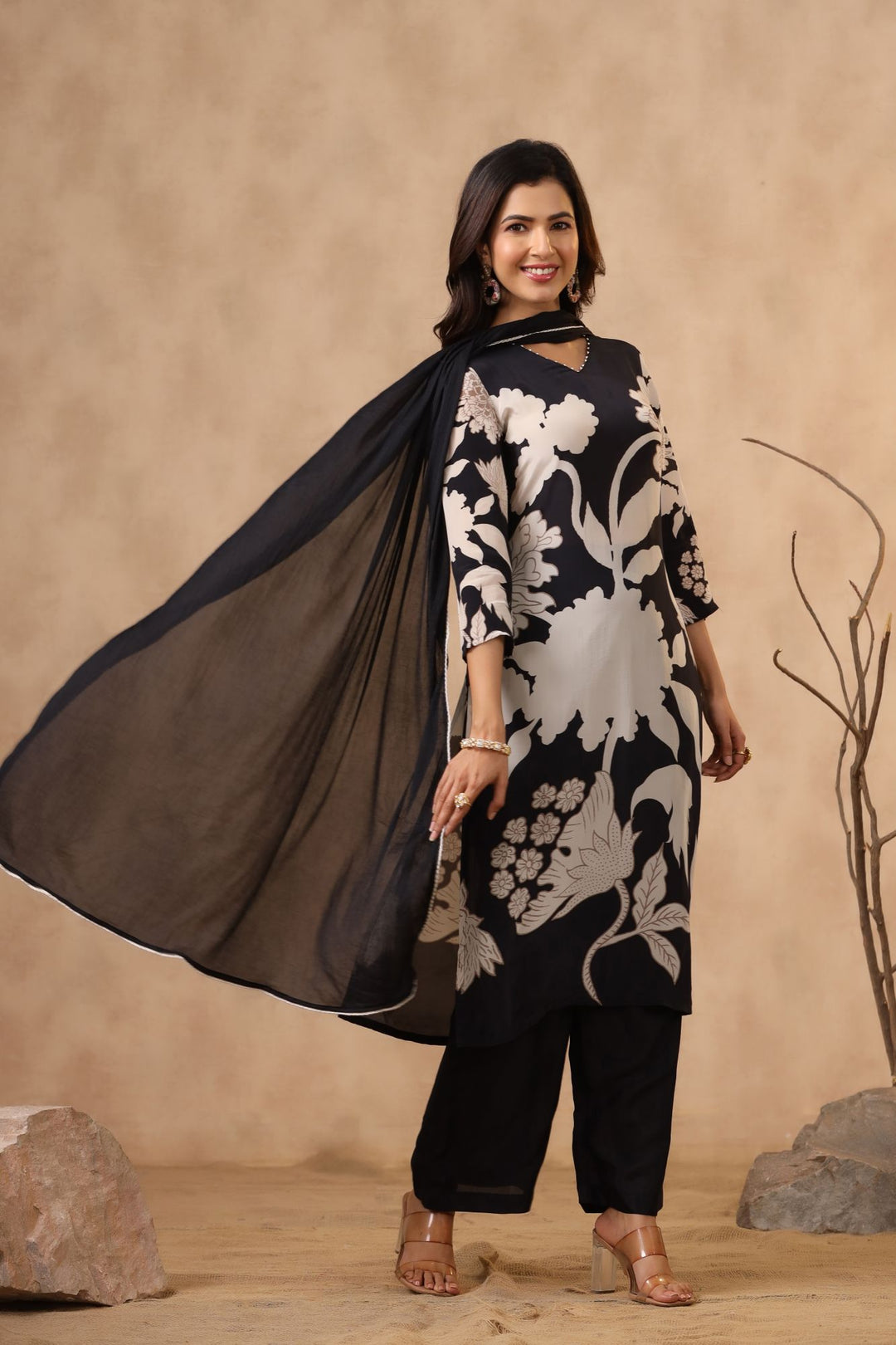 Black Floral Printed Moorish Silk Suit Set