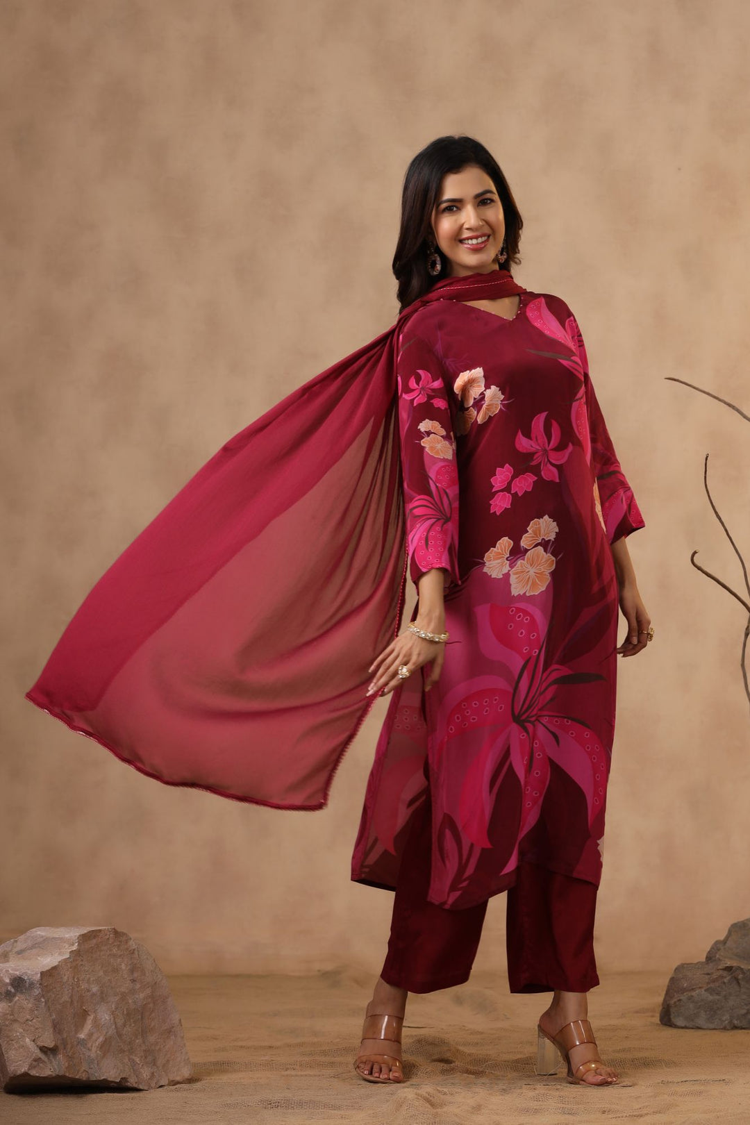 Wine Floral Printed Moorish Silk Suit Set