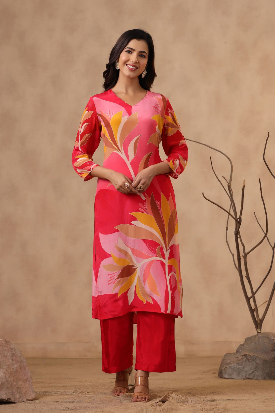 Pink Floral Printed Moorish Silk Suit Set