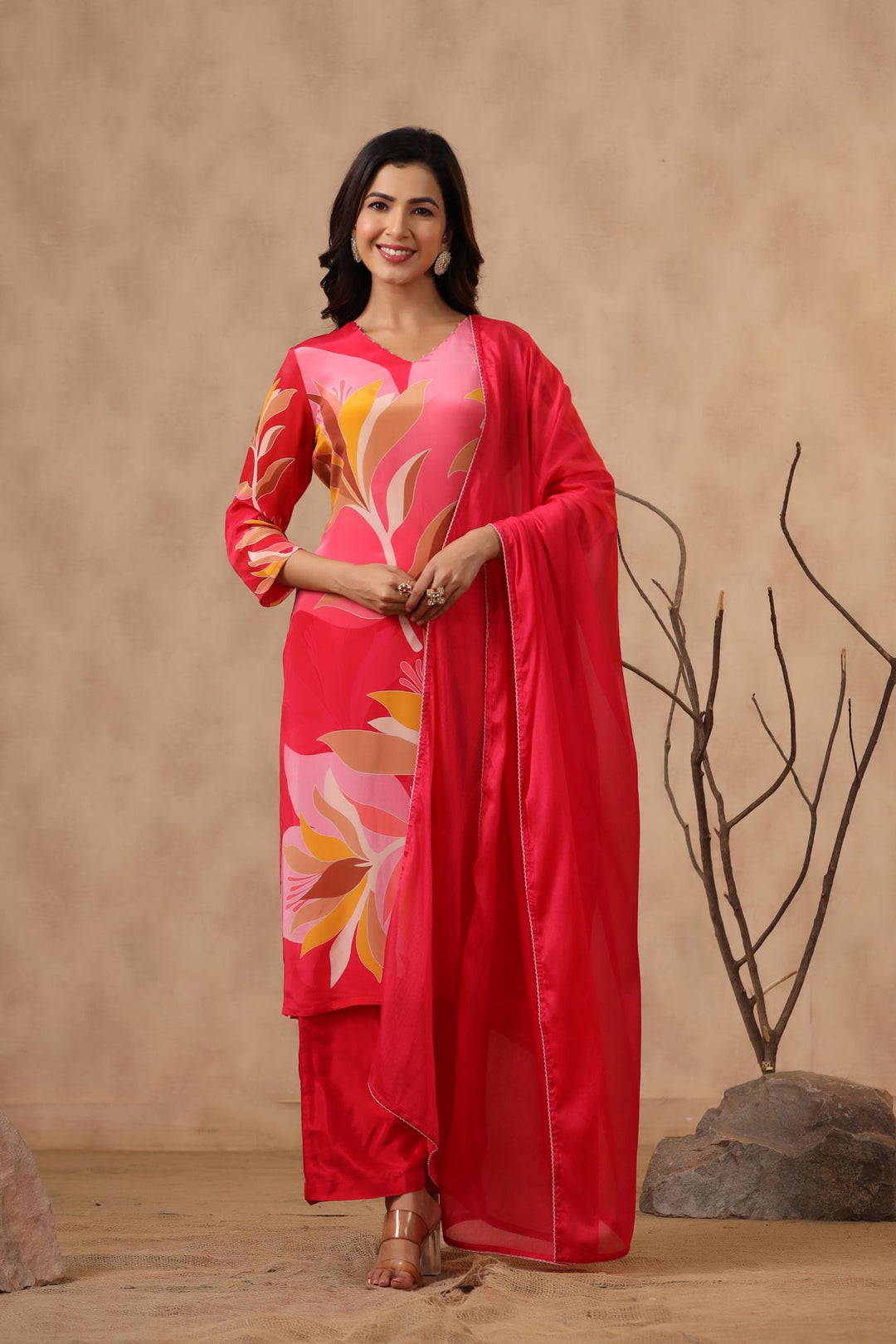 Pink Floral Printed Moorish Silk Suit Set