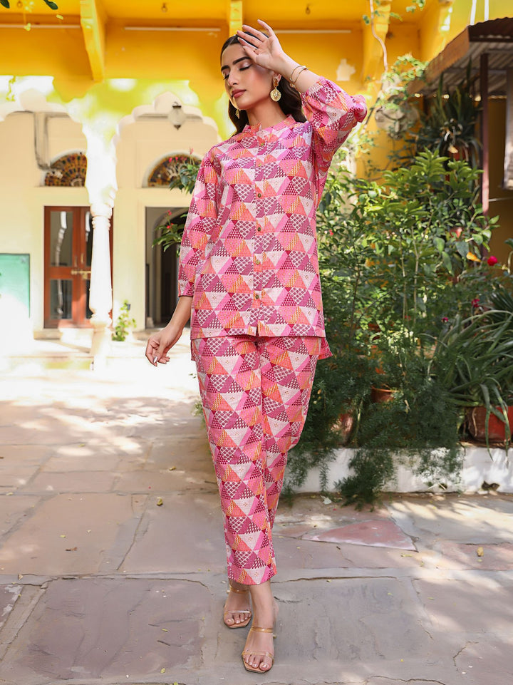 Peach Abstract Print Cotton Coord Set