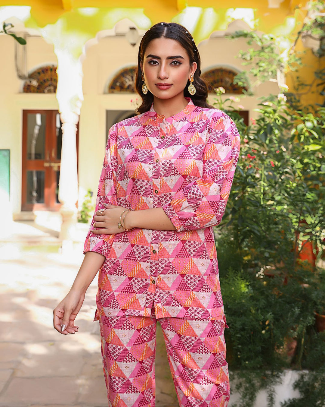 Peach Abstract Print Cotton Coord Set