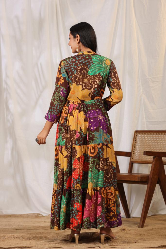 Brown Tier Silk Dress