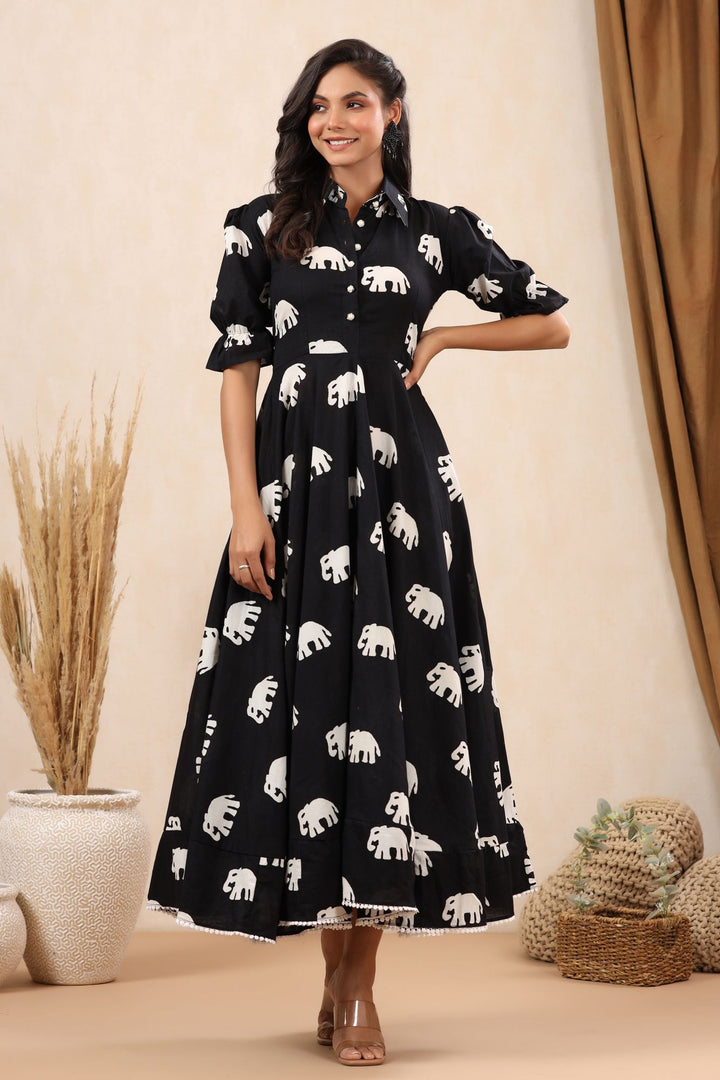 Elephant Printed Black Dress